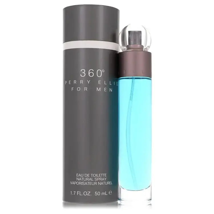 Men's eau de toilette spray bottle, dark gray canister and blue liquid; clear cap