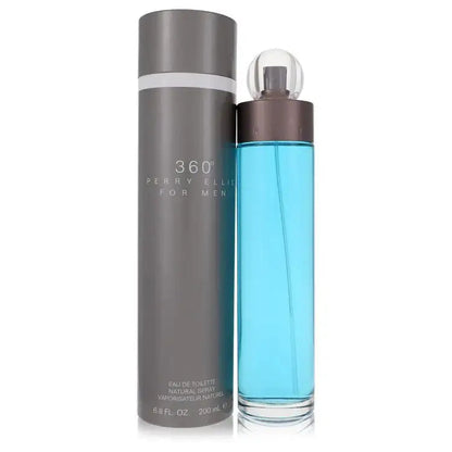Men's eau de toilette spray bottles, gray canister and tall blue liquid bottle with clear cap