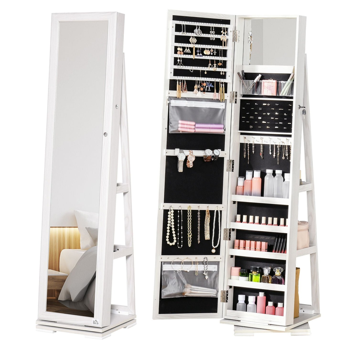 360 Swivel Jewelry Cabinet with Full Length Mirror Lockable Organizer White - Renee Lane Company