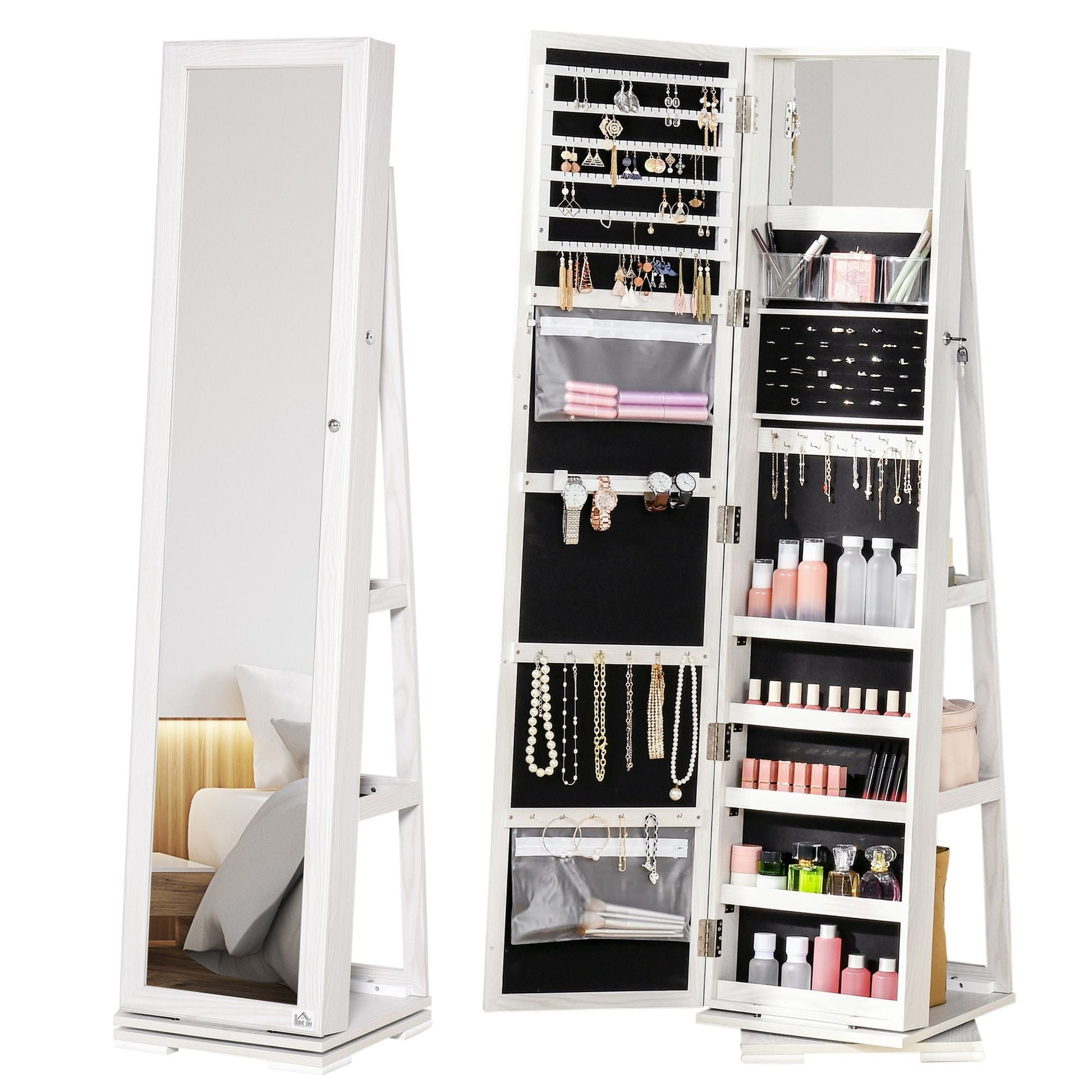 360 Swivel Jewelry Cabinet with Full Length Mirror Lockable Organizer White - Renee Lane Company