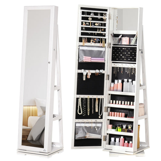 360 Swivel Jewelry Cabinet with Full Length Mirror Lockable Organizer White - Renee Lane Company