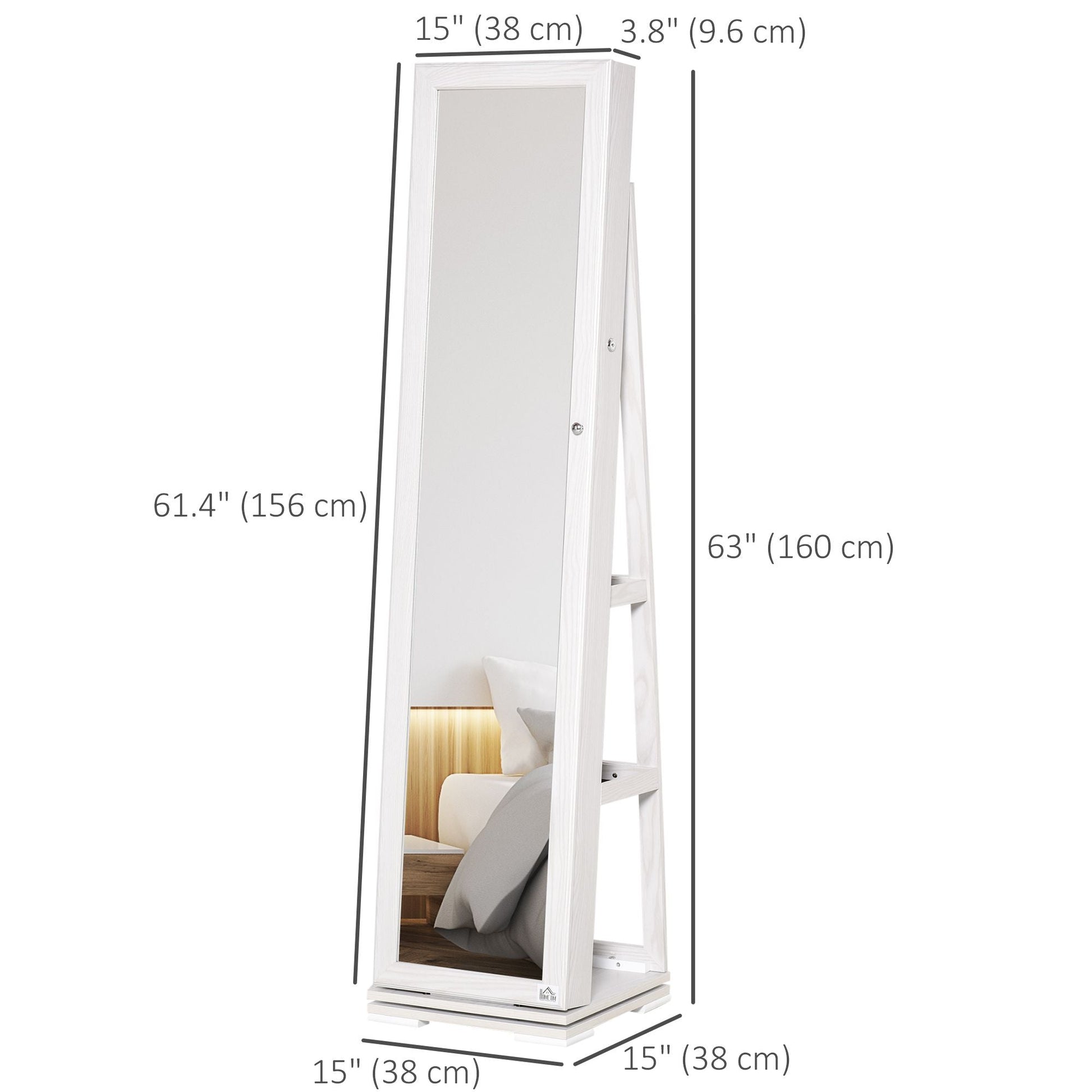 360 Swivel Jewelry Cabinet with Full Length Mirror Lockable Organizer White - Renee Lane Company