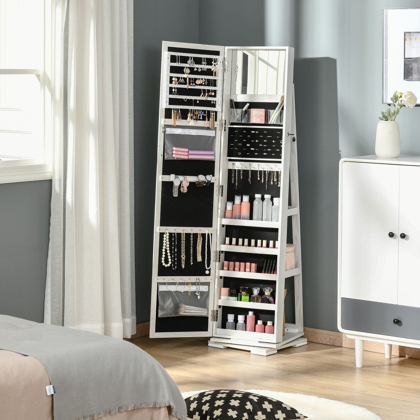 360 Swivel Jewelry Cabinet with Full Length Mirror Lockable Organizer White - Renee Lane Company