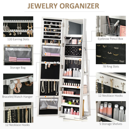 360 Swivel Jewelry Cabinet with Full Length Mirror Lockable Organizer White - Renee Lane Company