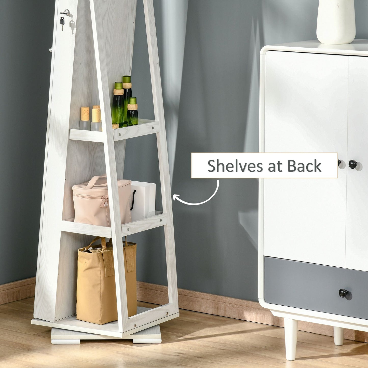 360 Swivel Jewelry Cabinet with Full Length Mirror Lockable Organizer White - Renee Lane Company