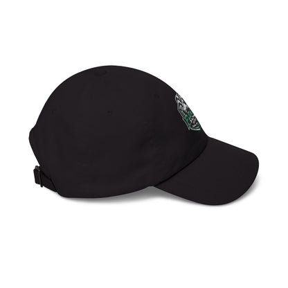 Soccer crest cap in black with green crest patch and curved brim