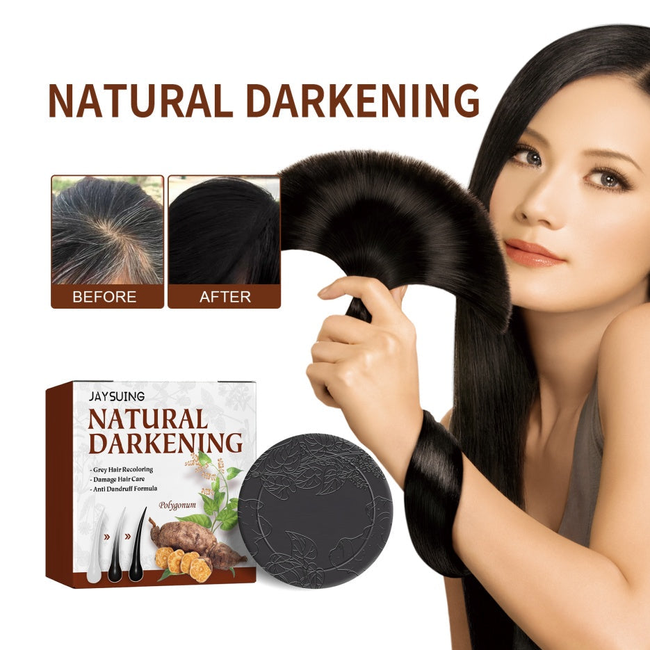 Darkening shampoo bar with Natural Darkening box and round black soap bar