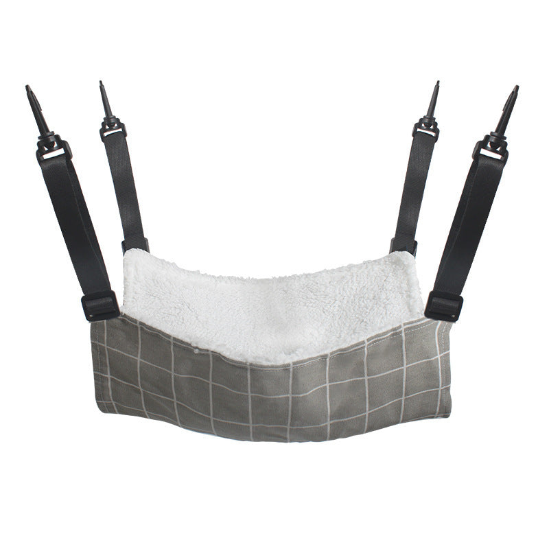 Hanging cotton pet hammock bed with gray grid pattern and white plush lining
