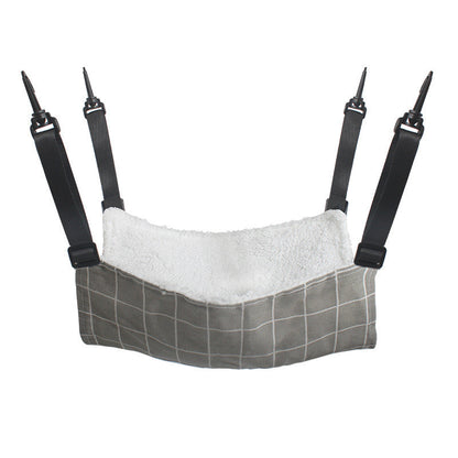 Hanging cotton pet hammock bed with gray grid pattern and white plush lining