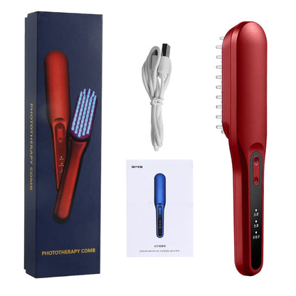 Hair growth comb kit with red handheld comb, white charging cord, and box