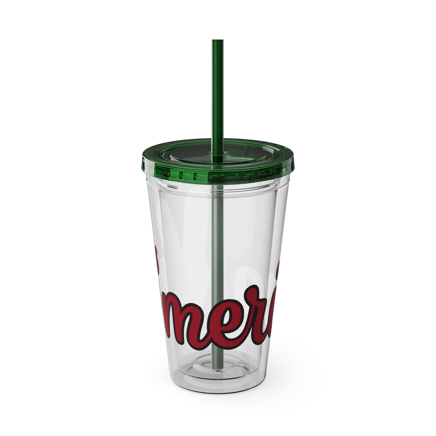 Clear 16oz tumbler with lid and dark green straw, red and black "mer" graphic