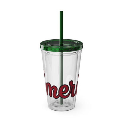 Clear 16oz tumbler with lid and dark green straw, red and black "mer" graphic