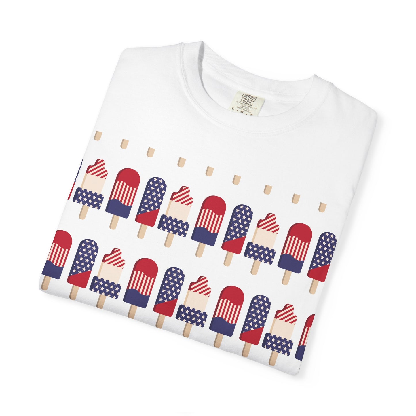 White popsicle T-shirt with red, white, and blue flag popsicle graphic