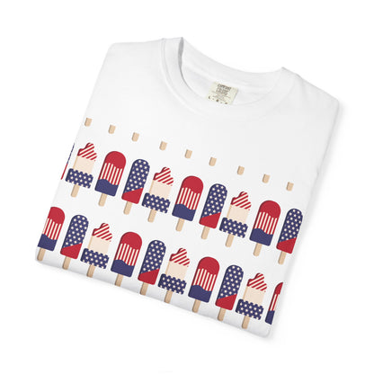 White popsicle T-shirt with red, white, and blue flag popsicle graphic