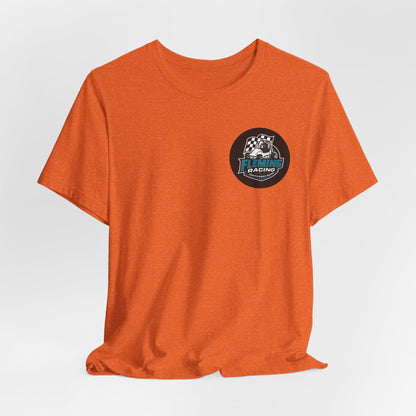 Orange crewneck T-shirt with small circular Fleming Racing logo on the chest.