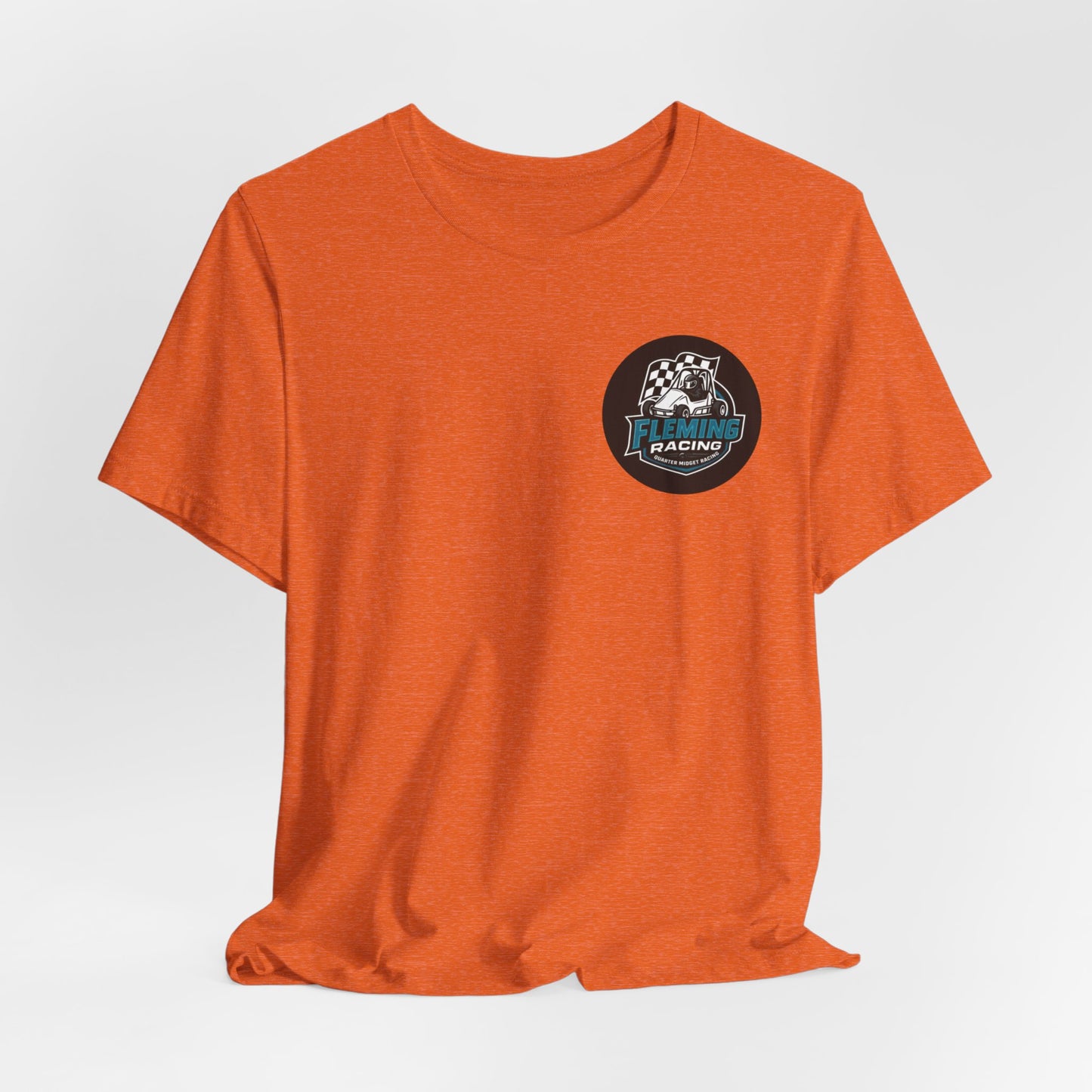 Orange heather racing logo T-shirt with Fleming Racing circle emblem