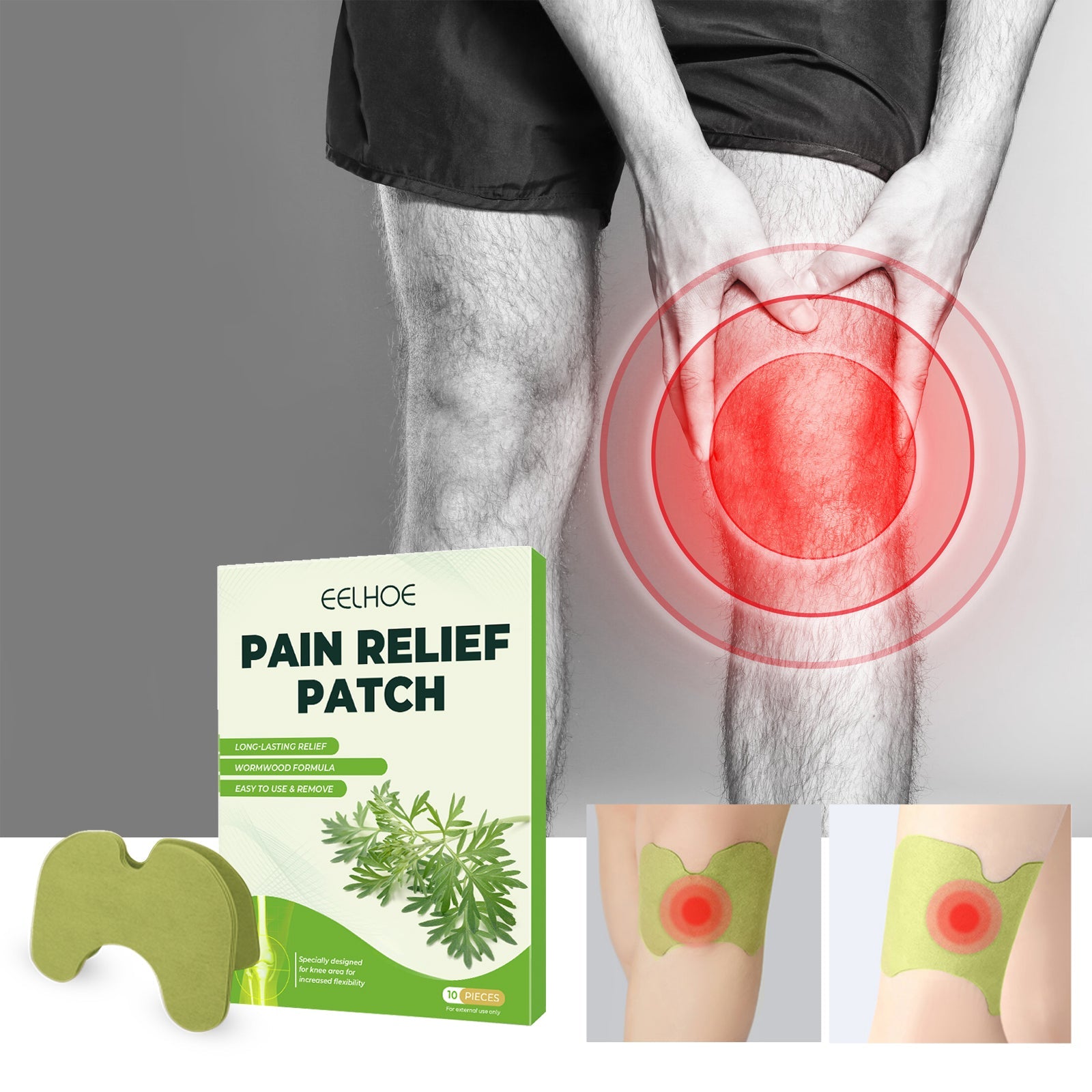 Green mugwort knee patches 10-pack, shown on knee area with inset patch view