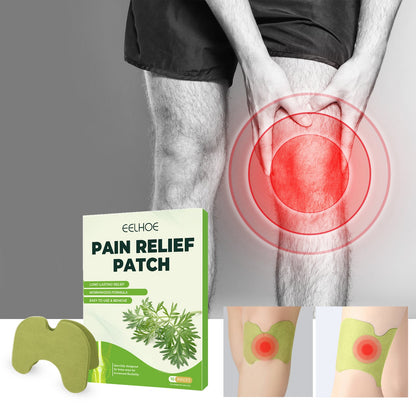Green mugwort knee patches 10-pack, shown on knee area with inset patch view