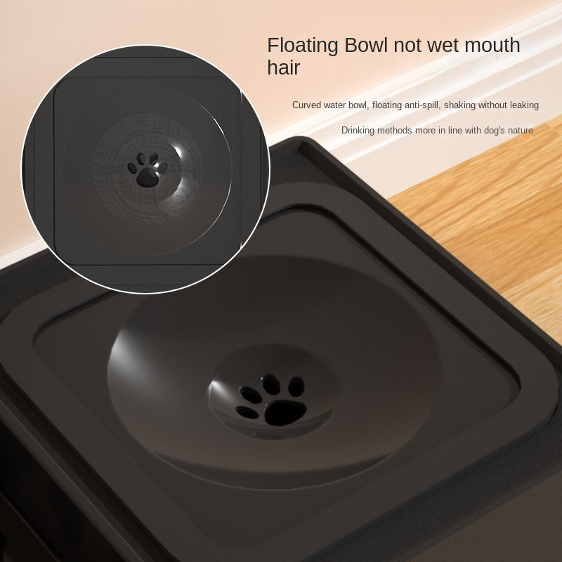 Elevated double dog bowl base with paw-print drain motif on the water side
