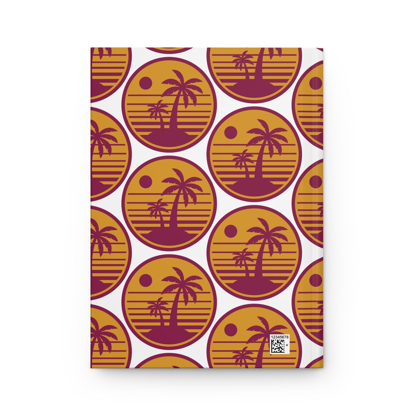 Hardcover journal cover with retro palm tree circles; small barcode sticker on bottom right.