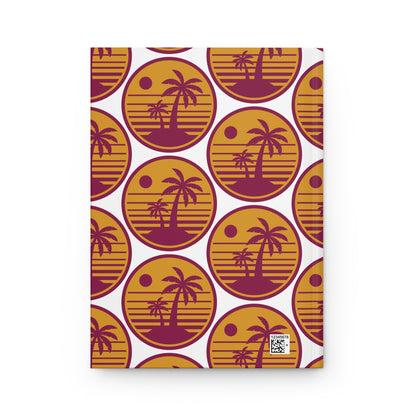 Hardcover journal cover with retro palm tree circles; small barcode sticker on bottom right.