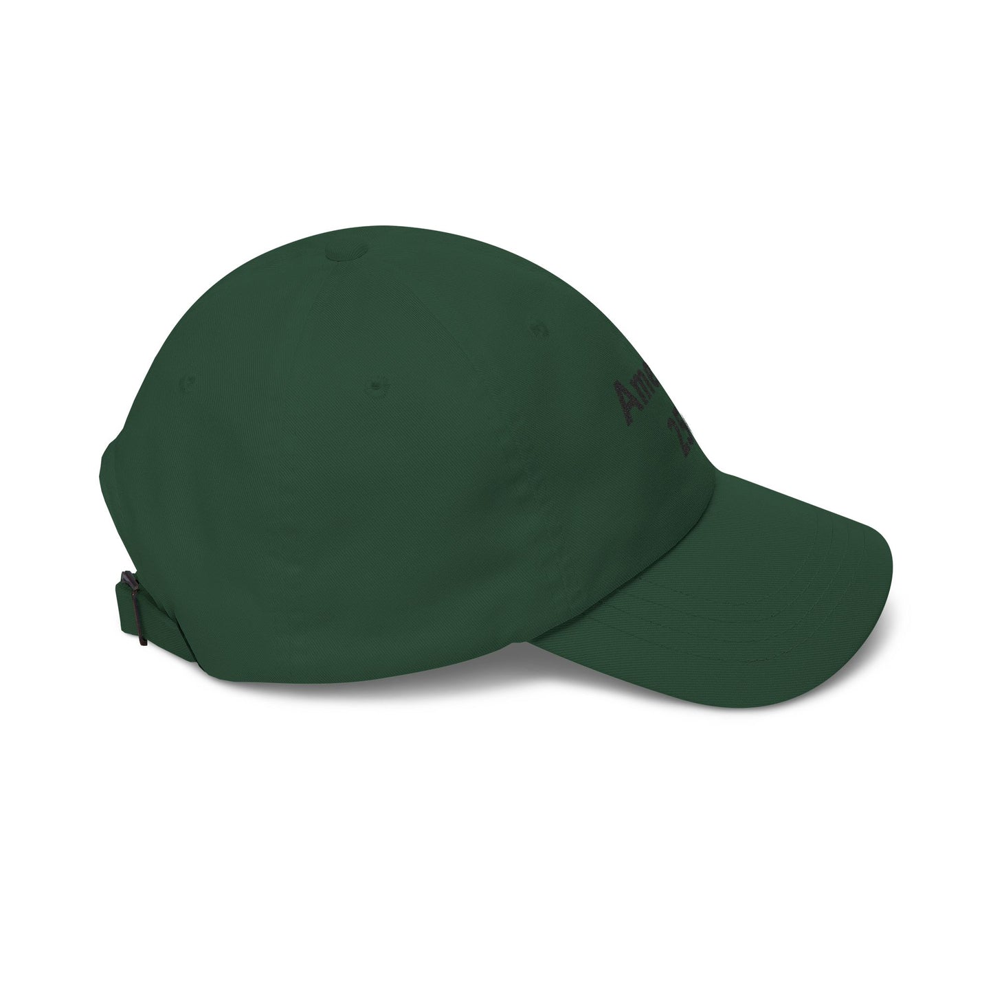 Green dad cap with curved brim and adjustable strap closure at the back