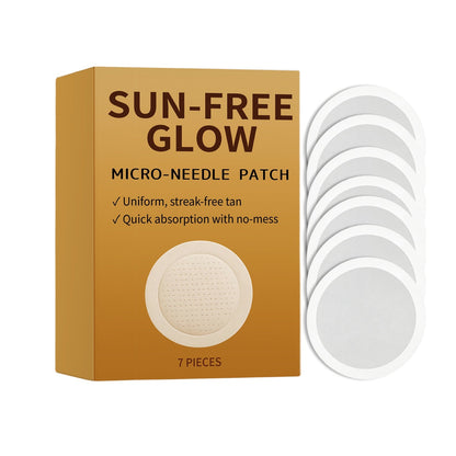 Micro-needle tanning patch set with SUN-FREE GLOW box and stack of 7 circular pads