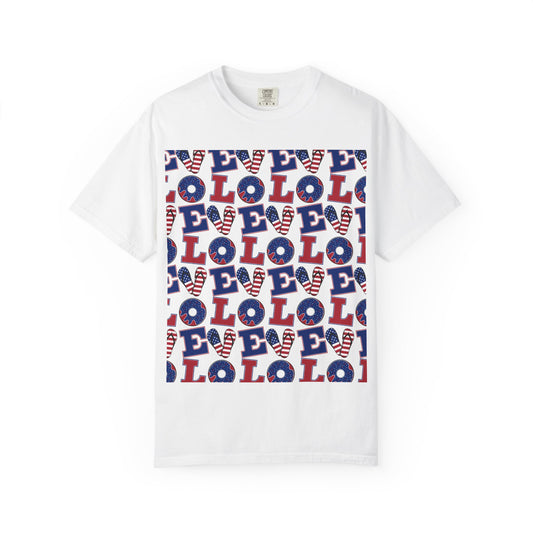 White patriotic graphic T-shirt with repeating LOL pattern in red, blue, and white