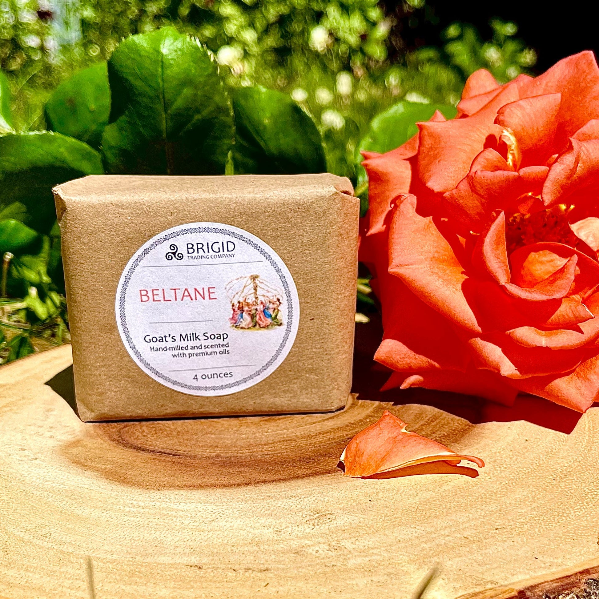 Goat's milk soap bar in kraft paper with 'Beltane' label, 4 ounces.