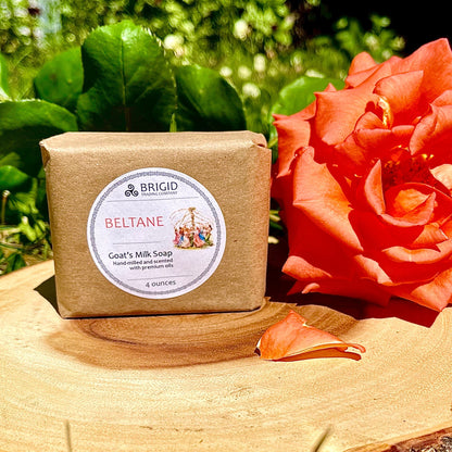 Goat's milk soap bar in kraft paper with 'Beltane' label, 4 ounces.