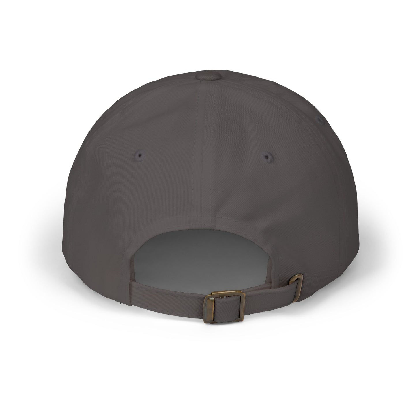 Dark grey dad cap with adjustable strap and metal buckle, open inner panel
