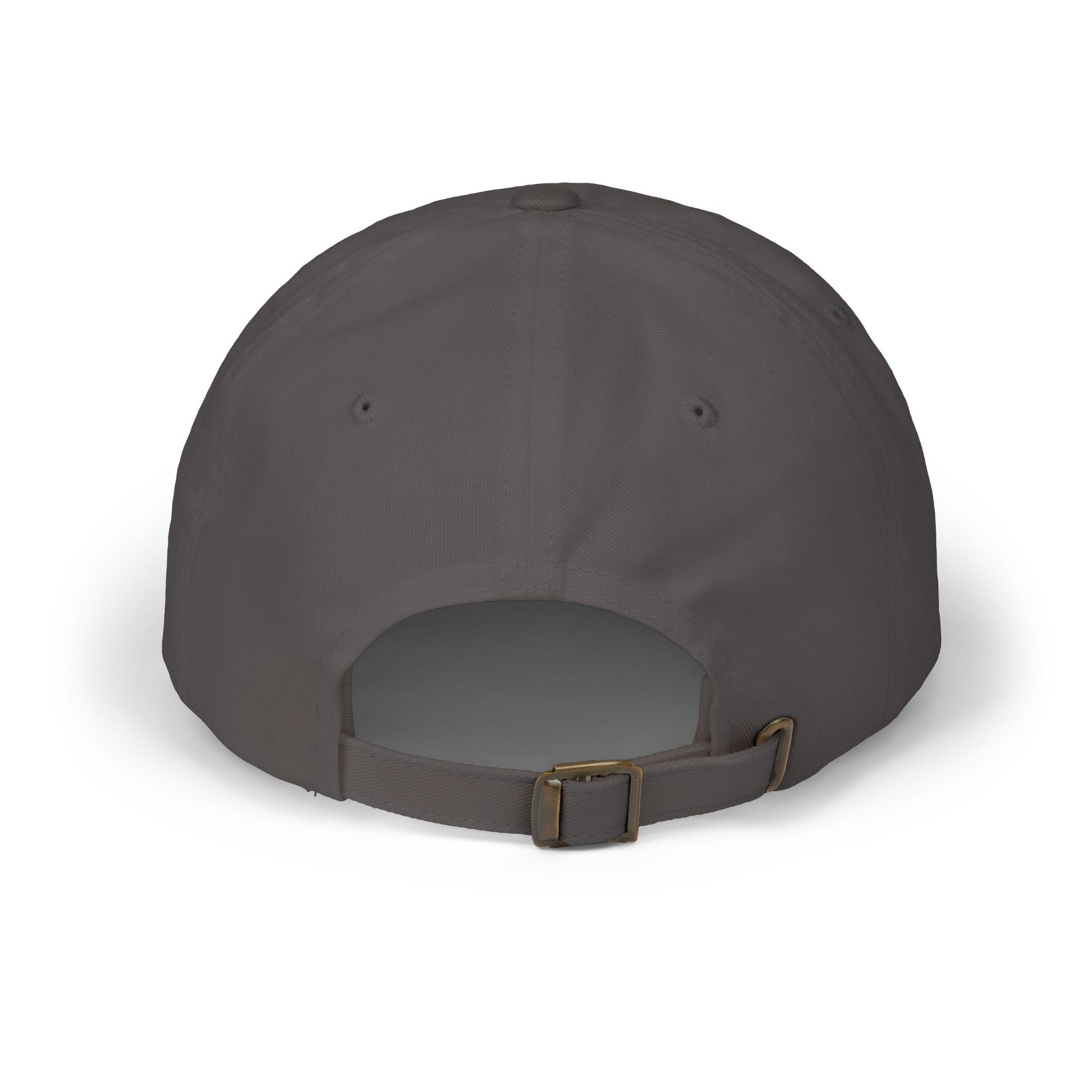Dark grey dad cap with adjustable strap and metal buckle, open inner panel