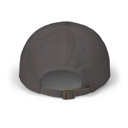 Dark grey dad cap with adjustable strap and metal buckle, open inner panel
