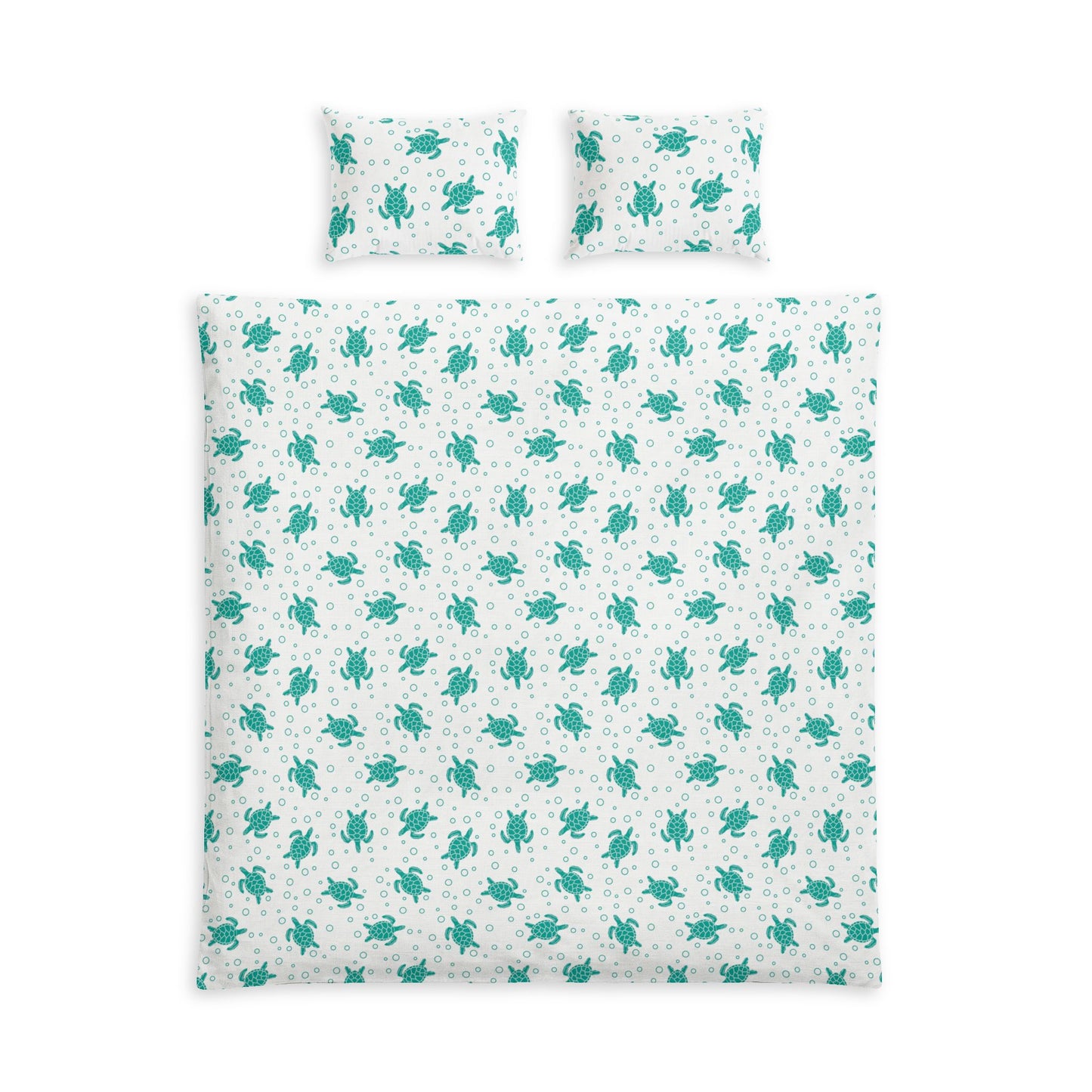 Kids duvet cover and pillowcases with teal sea turtle print on white background