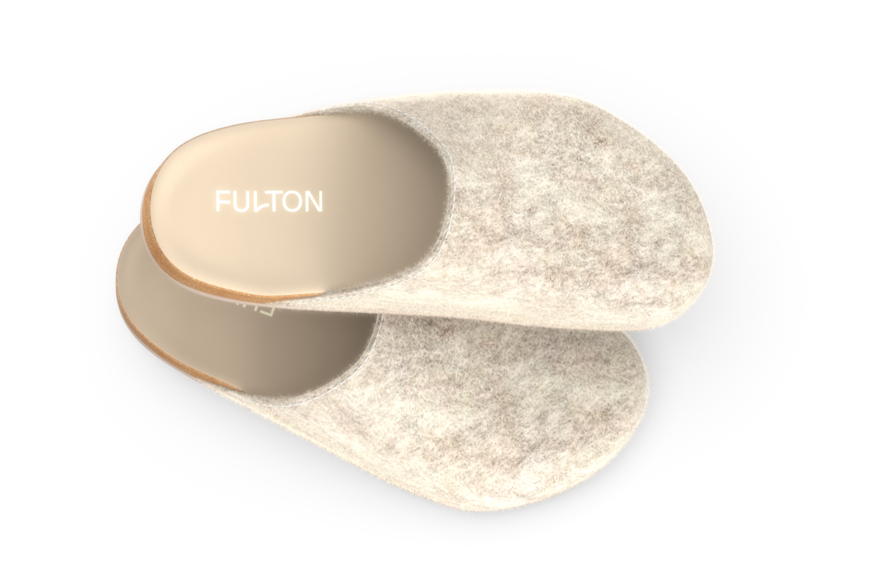 Beige open-heel house slippers with plush suede upper and tan insole, FULTON logo.