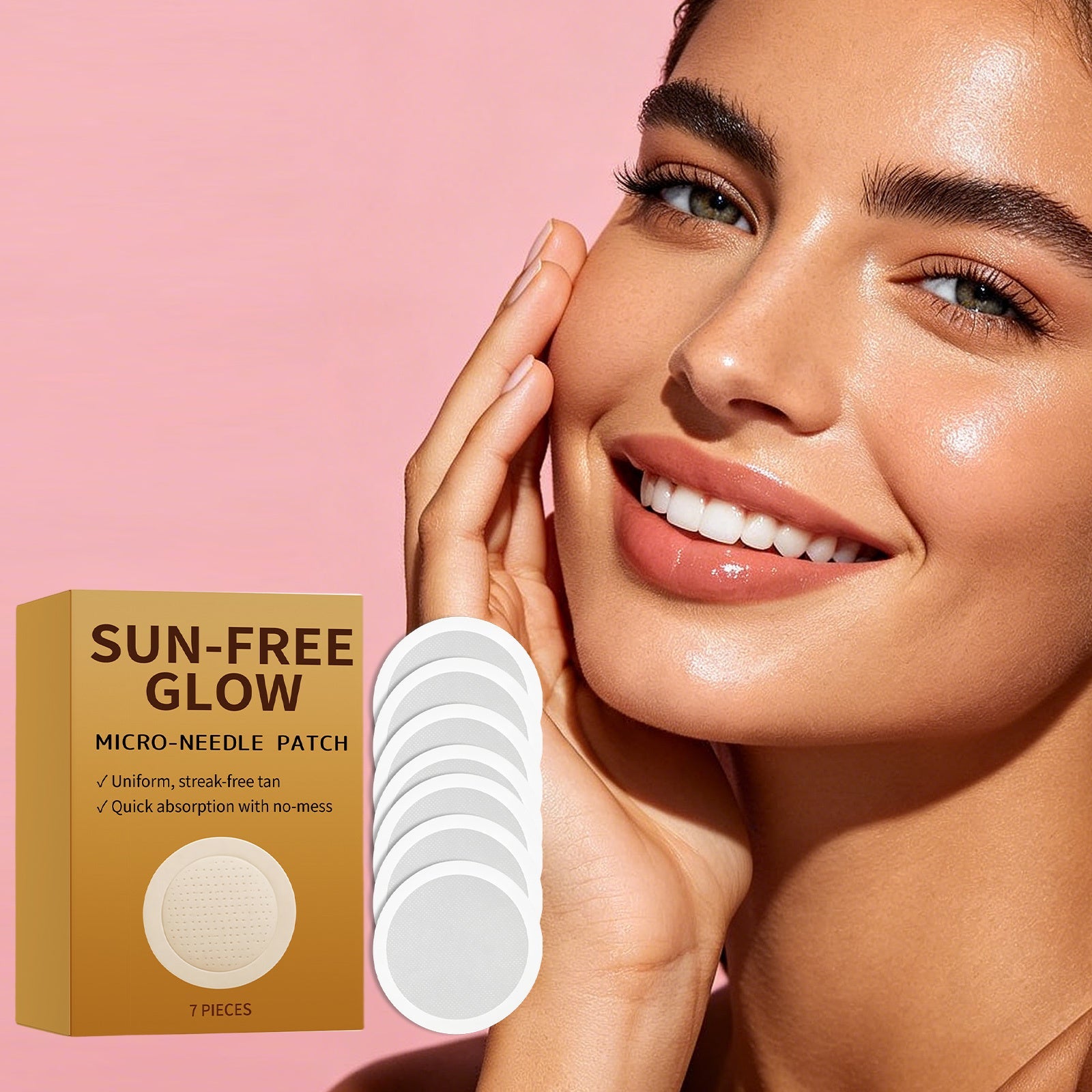 Micro-needle tanning patch set with SUN-FREE GLOW box and curved patch holder strip