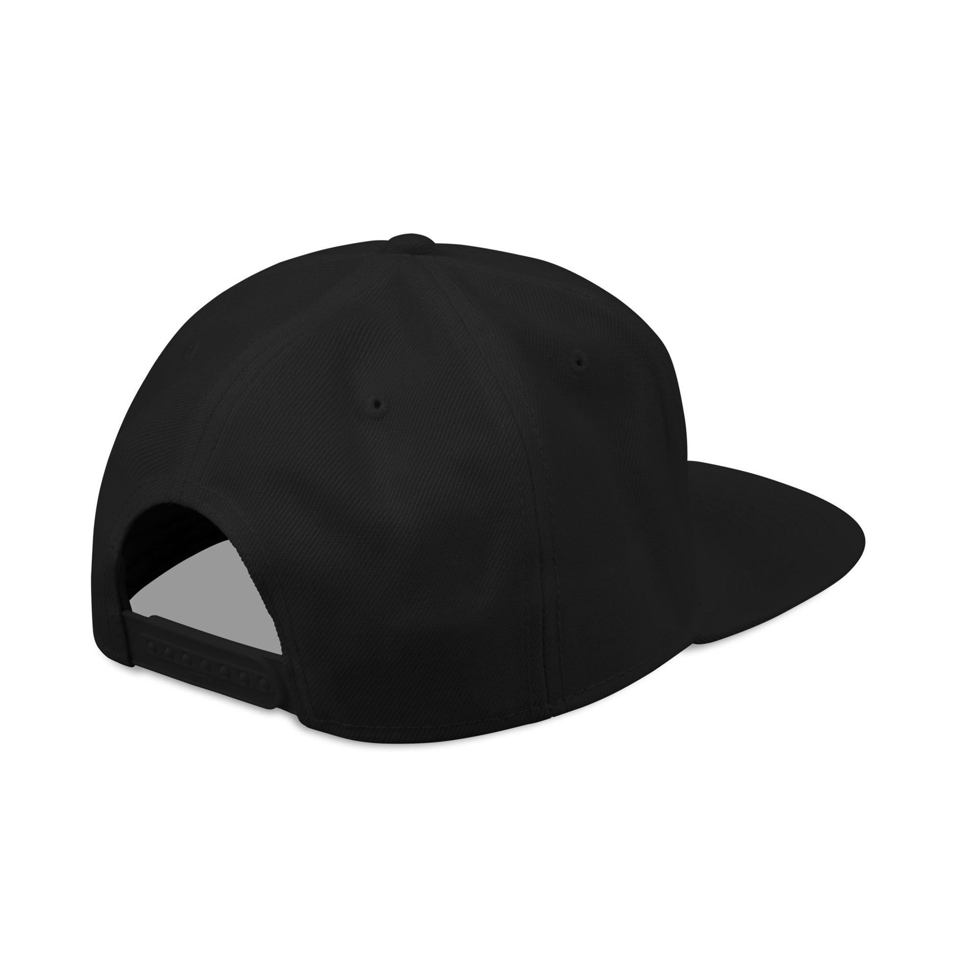 Black baseball cap with curved brim and adjustable snap band, side view