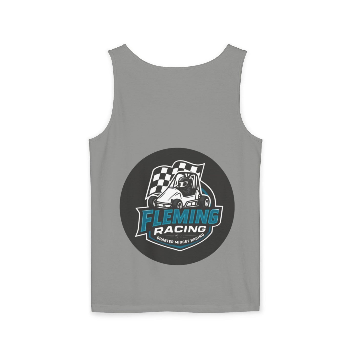 Gray racing tank top with Fleming Racing motorsports graphic centered on chest