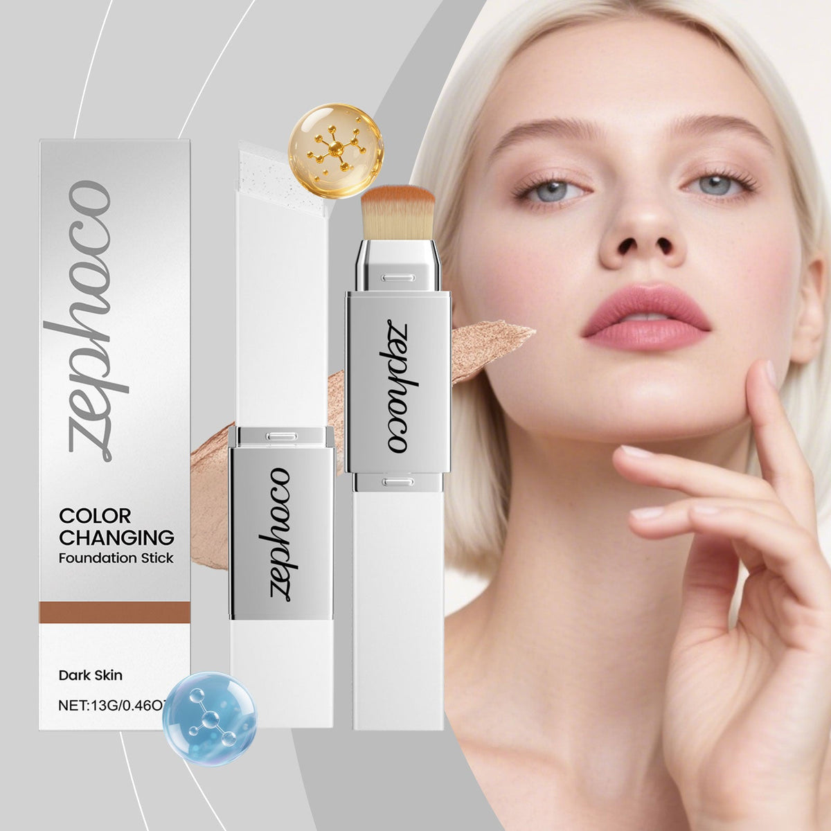 Color-changing foundation stick with brush tip near model face, plus boxed tube