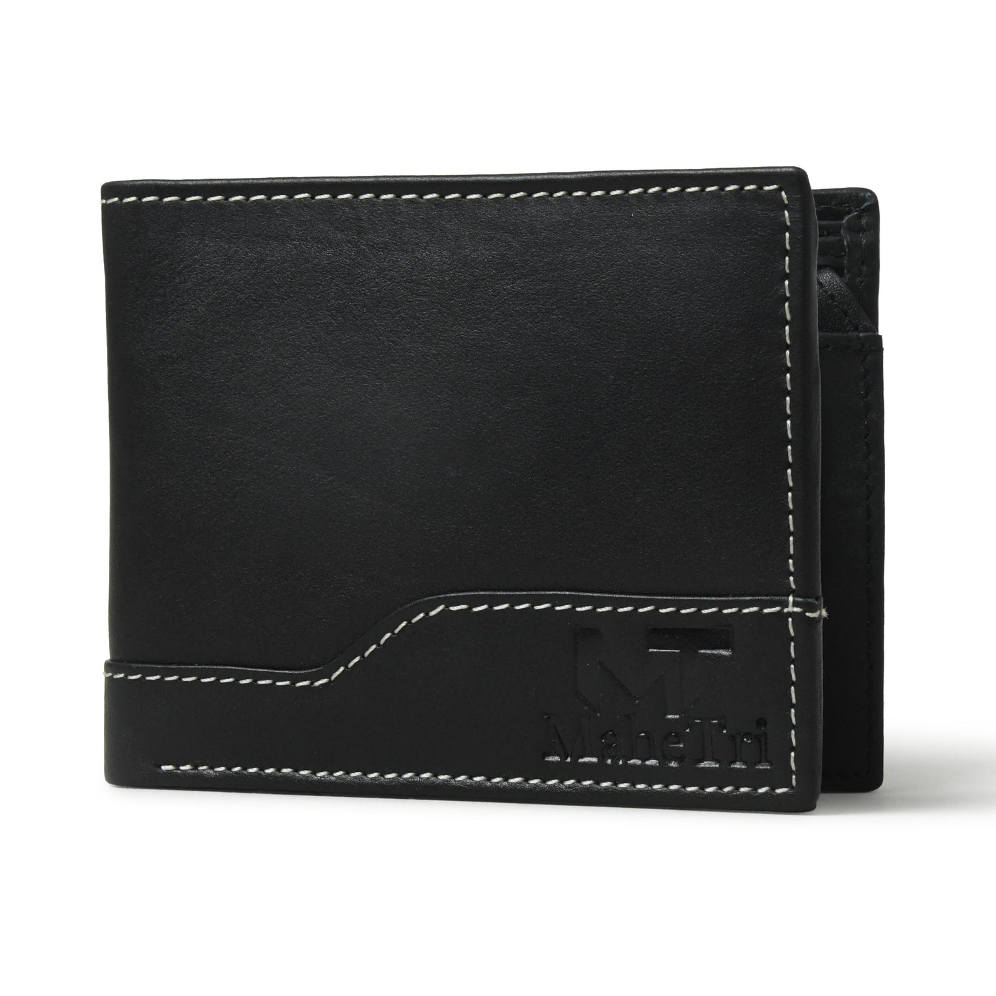 Black bi-fold leather wallet with contrast stitching and front emblem.