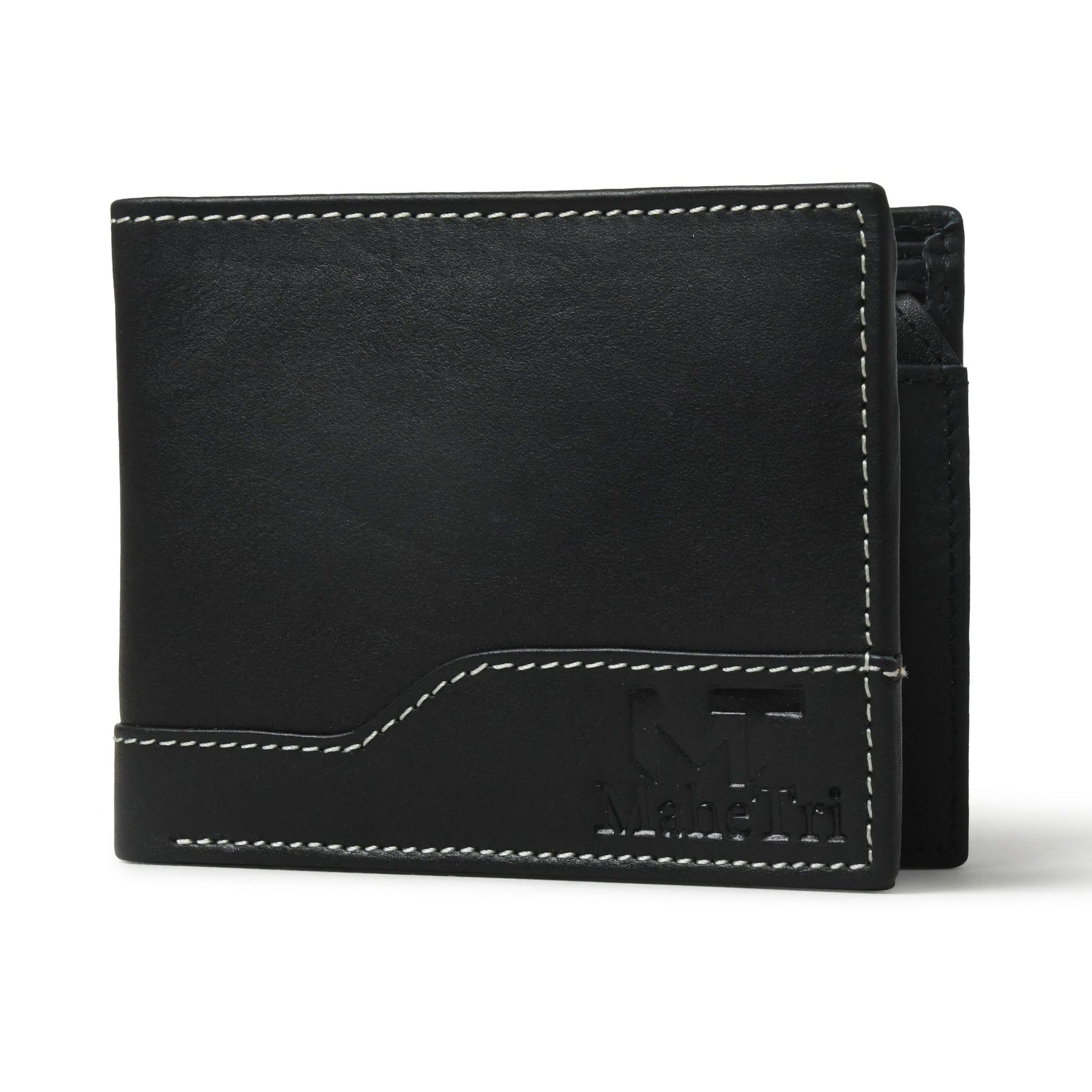 Black bi-fold leather wallet with contrast stitching and front emblem.