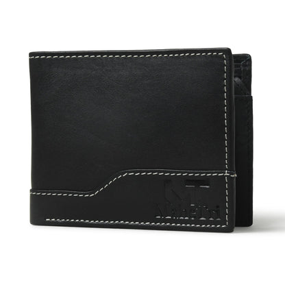 Black bi-fold leather wallet with contrast stitching and front emblem.