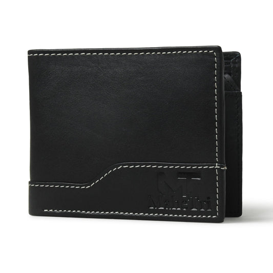 Black bi-fold leather wallet with contrast stitching and front emblem.