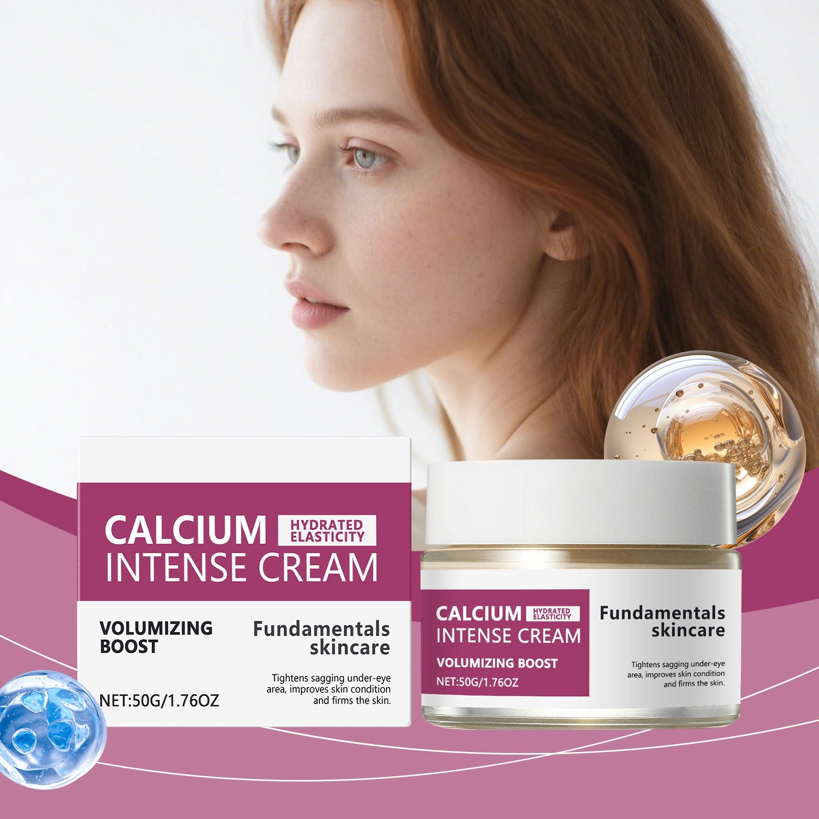 Moisturizing cream jar with gold lid and matching box beside a model in profile.