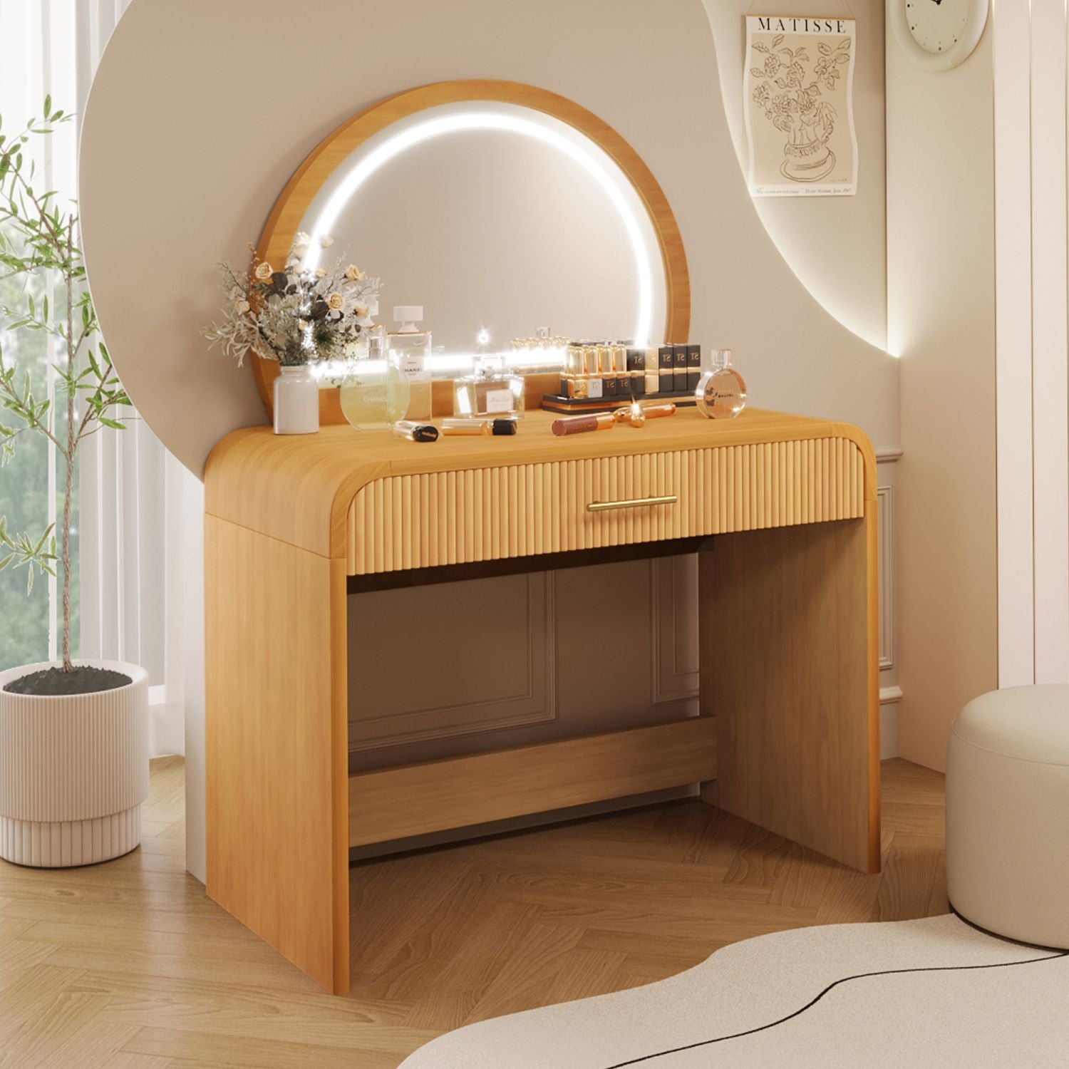 39" Makeup Vanity Table with Mirror Touch Screen Lighted Mirror, Dressing Table with Drawer for Bedroom, Natural - Renee Lane Company