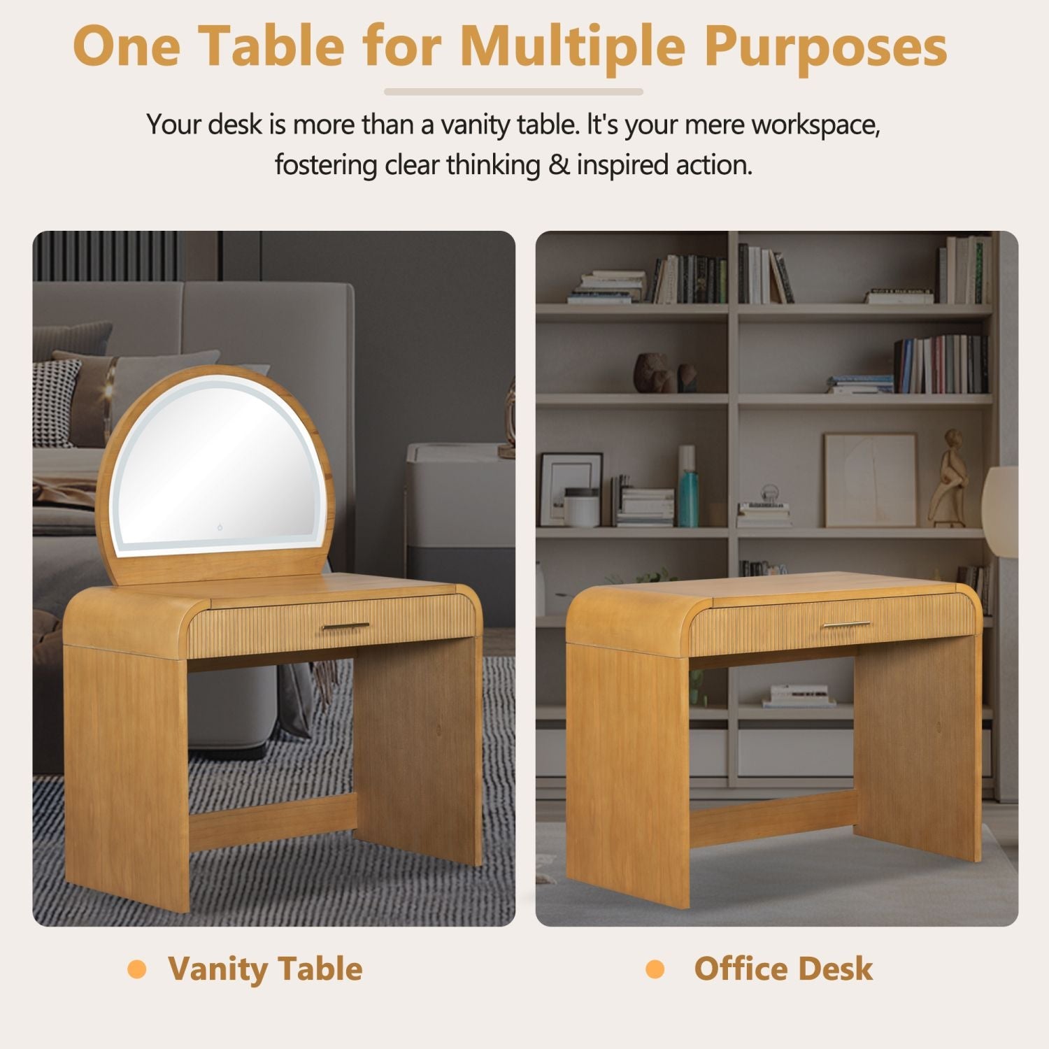 39" Makeup Vanity Table with Mirror Touch Screen Lighted Mirror, Dressing Table with Drawer for Bedroom, Natural - Renee Lane Company