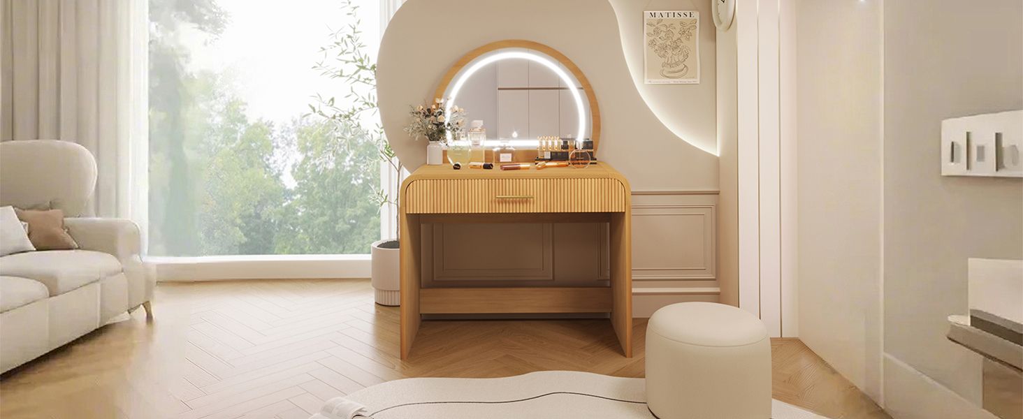 39" Makeup Vanity Table with Mirror Touch Screen Lighted Mirror, Dressing Table with Drawer for Bedroom, Natural - Renee Lane Company