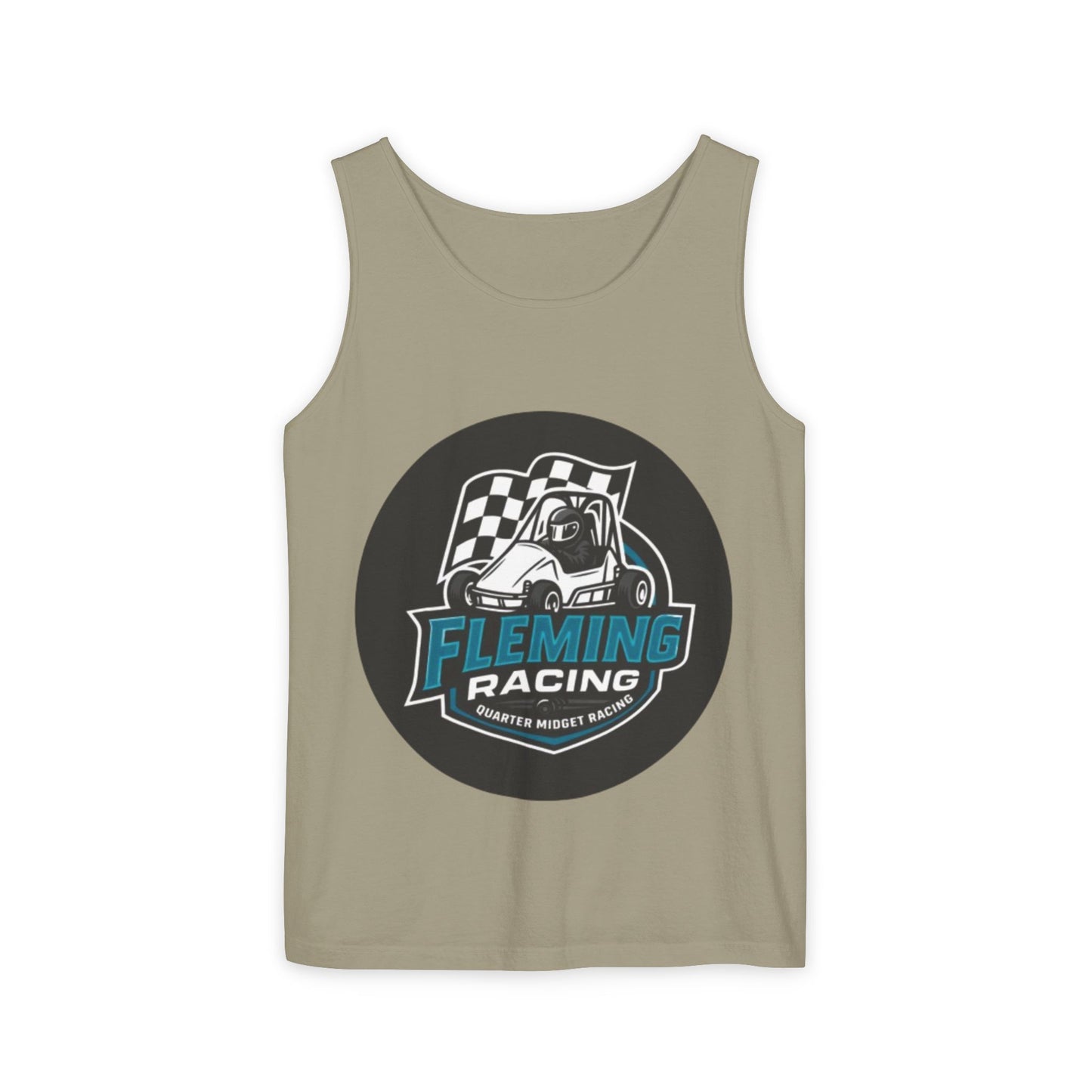 Olive green racing tank top with round Fleming Racing graphic and checkered car logo