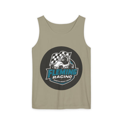 Olive green racing tank top with round Fleming Racing graphic and checkered car logo