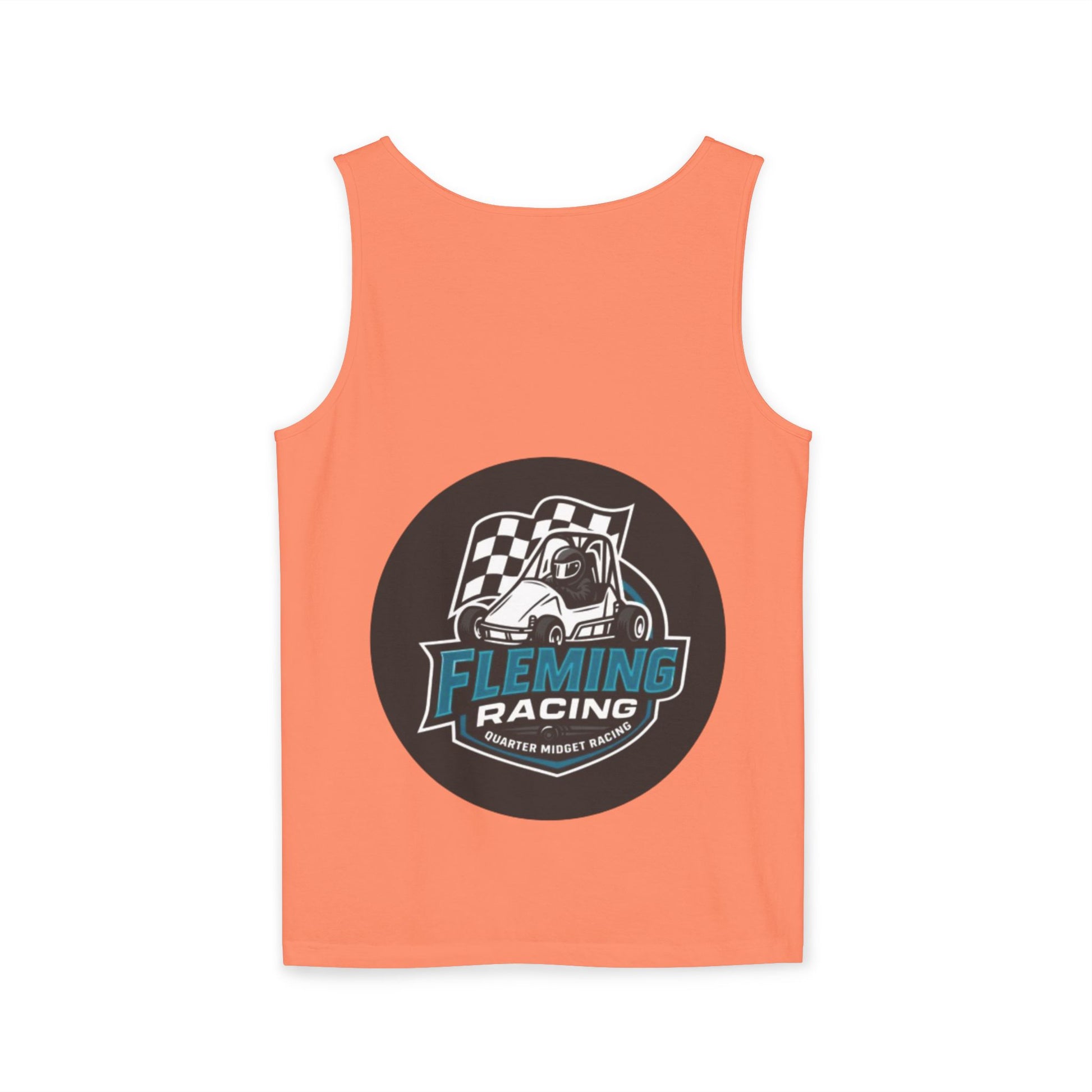 Coral racing tank top with front black round motorsports logo graphic